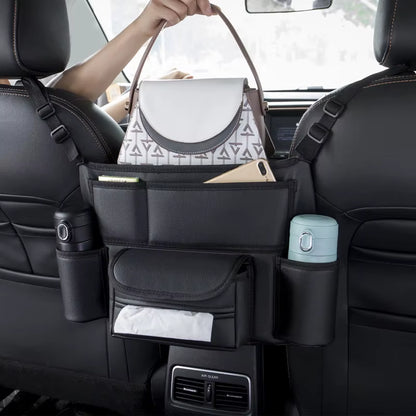 Car Seat Middle Hanger Leather Storage Bag Car Hanging Organizer Multifunction Handbag Holder Water Cup Pockets Tissue Storage