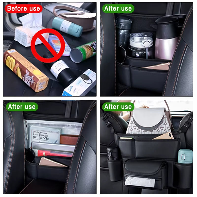 Car Seat Middle Hanger Leather Storage Bag Car Hanging Organizer Multifunction Handbag Holder Water Cup Pockets Tissue Storage