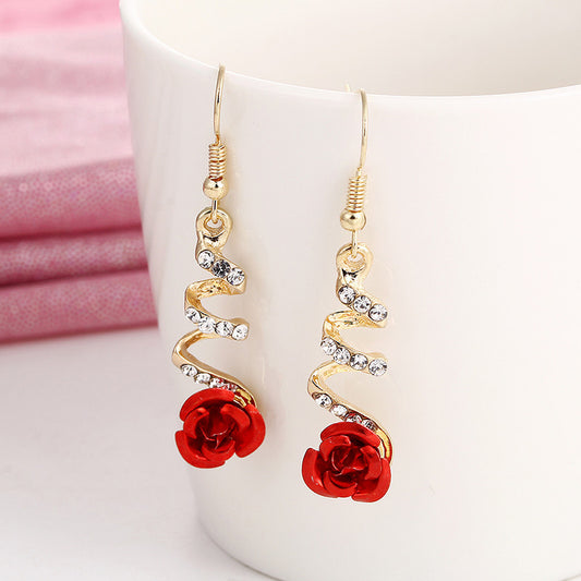 Red Rose Crystal Tassel Earrings